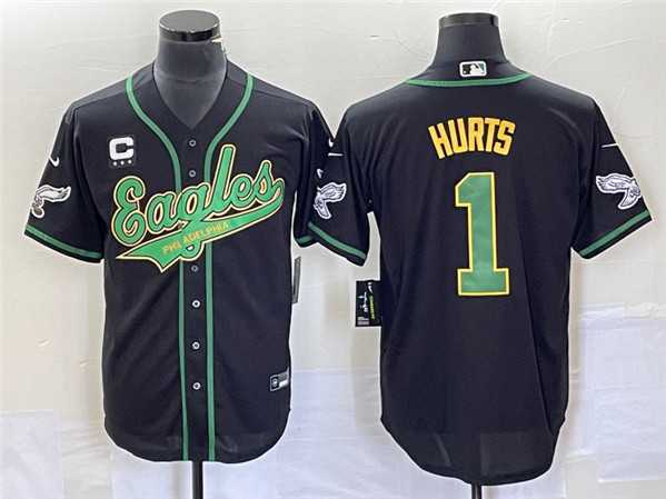 Mens Philadelphia Eagles #1 Jalen Hurts Black With C Patch Cool Base Stitched Baseball Jersey->philadelphia eagles->NFL Jersey